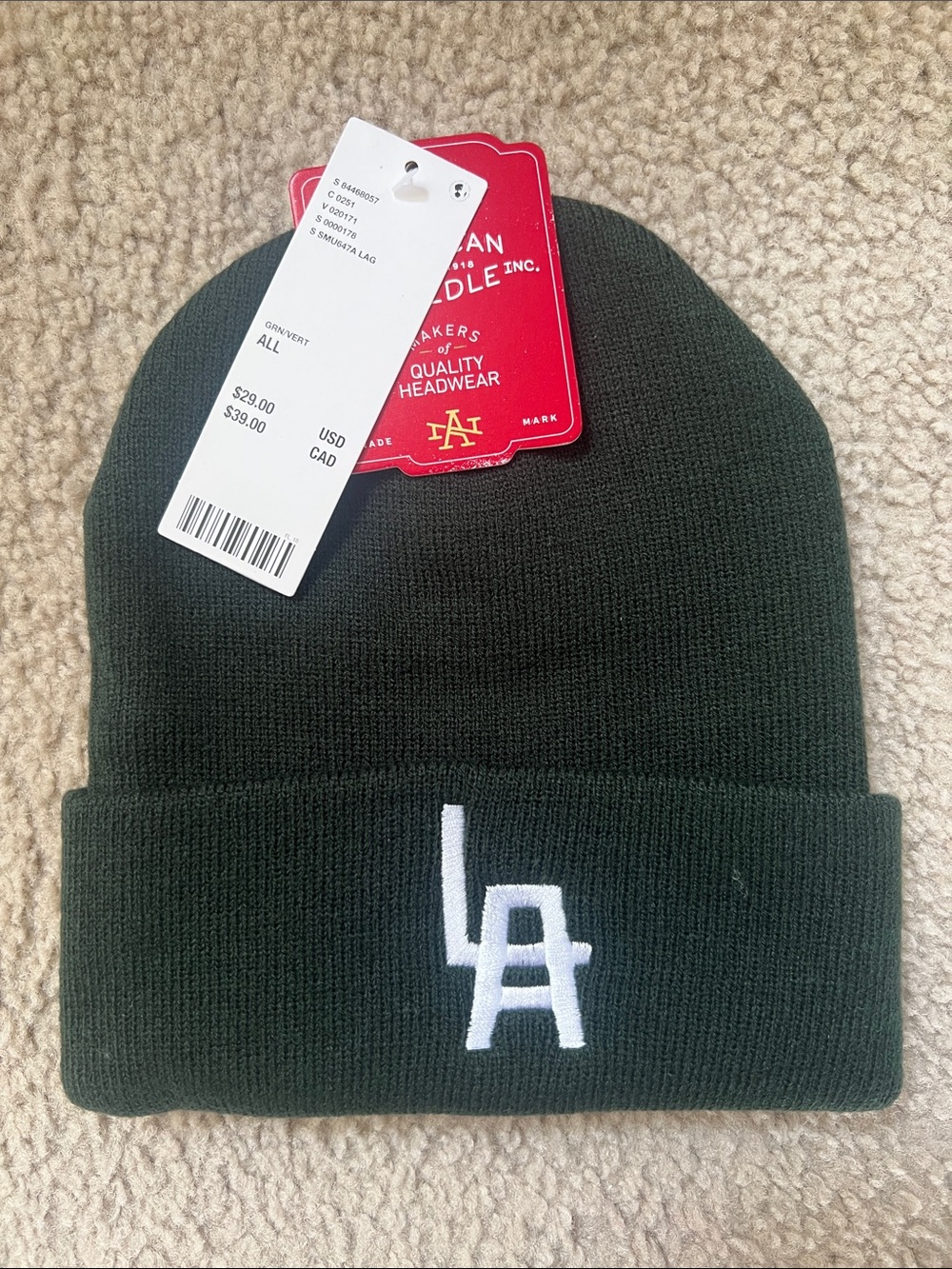 American Needle Dark Green Beanie with White LA Embroidery